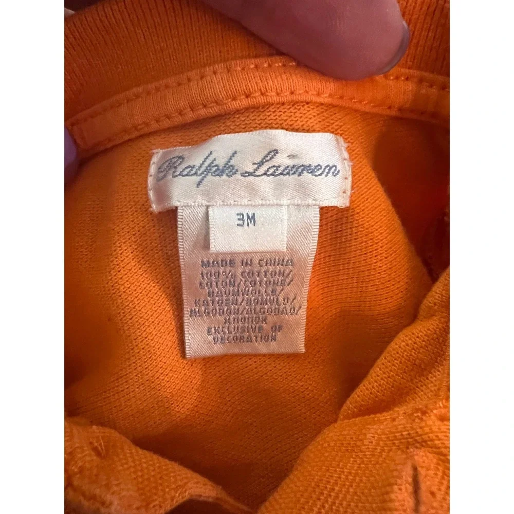 Ralph Lauren Baby Boys Orange Cotton Pique Polo Romper 3M‎ Navy Blue Pony Logo